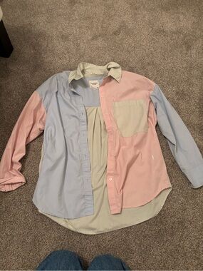 Abercrombie & Fitch Pastel Colorblock Button-Down Shirt in Pink, Blue & Cream